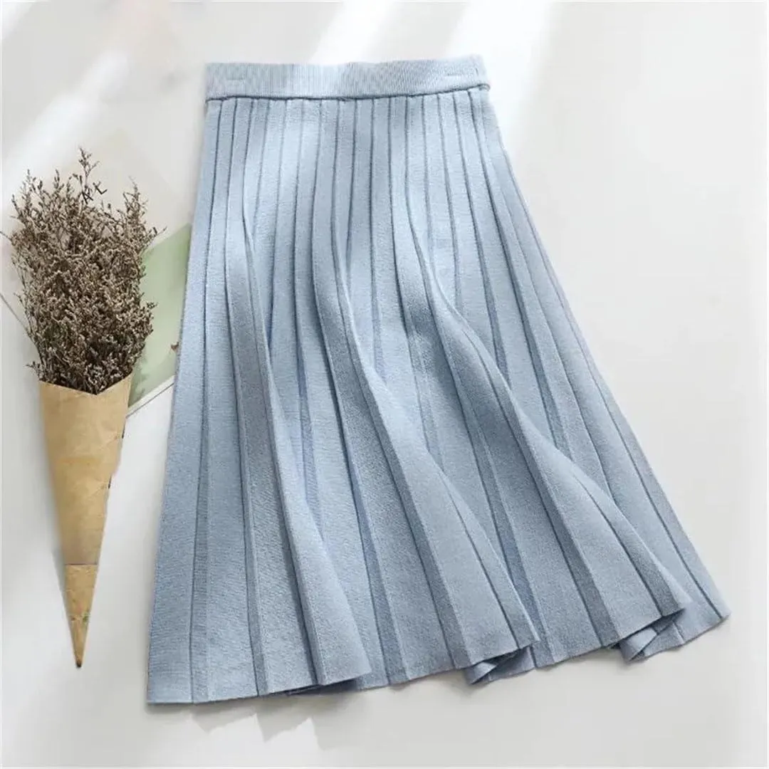 Women Knitted Midi Skirt A-Line High Waist Pleated Long Skirt