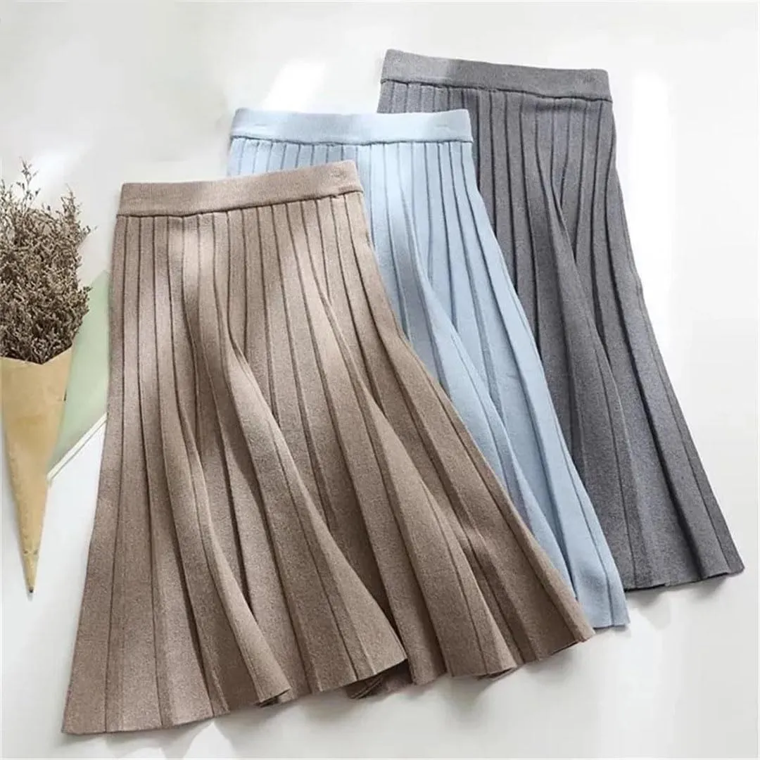 Women Knitted Midi Skirt A-Line High Waist Pleated Long Skirt
