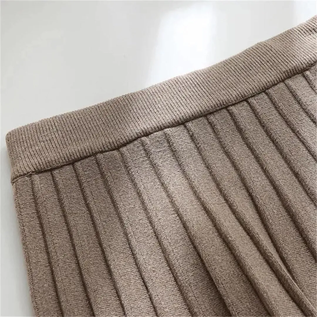 Women Knitted Midi Skirt A-Line High Waist Pleated Long Skirt