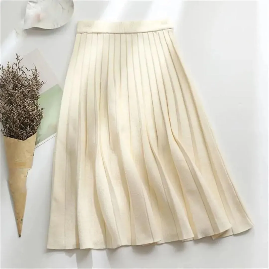 Women Knitted Midi Skirt A-Line High Waist Pleated Long Skirt