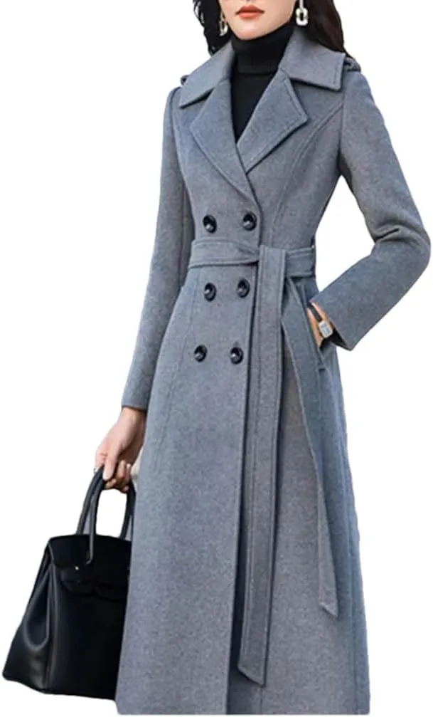 Women Long Woolen Coat Autumn Winter Fashion Double Breasted Slim Blends Overcoat Thicken Warm Outerwear