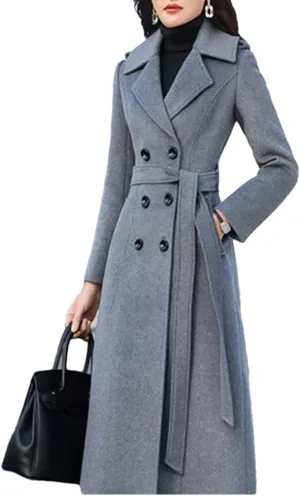Women Long Woolen Coat Autumn Winter Fashion Double Breasted Slim Blends Overcoat Thicken Warm Outerwear