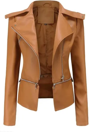 Women Moto Biker Zipper Jacket Spring Faux Leather Jacket Short Crop Coat