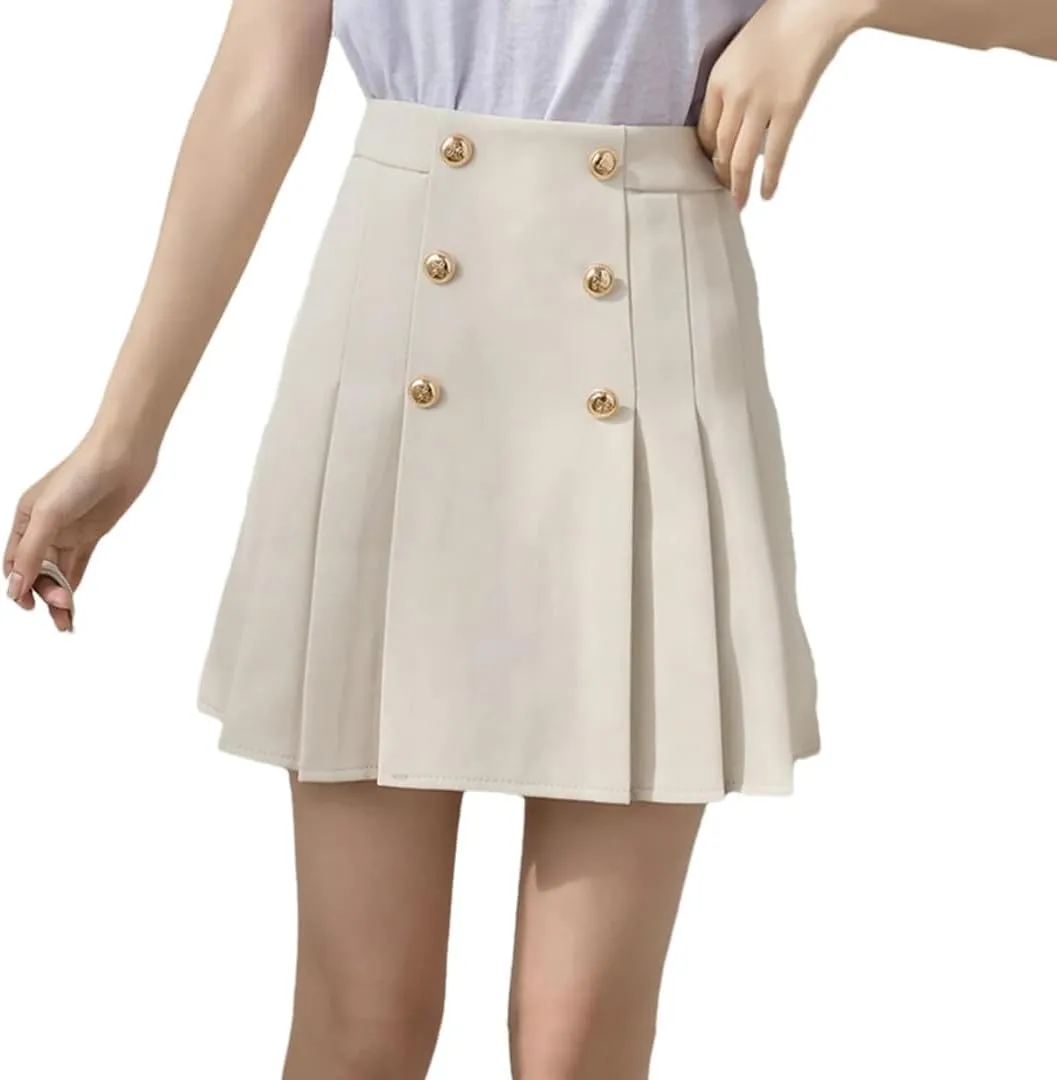 Women Office Summer Pleated Skirts High Waist Zipper Double Breasted Slim Mini Skirt