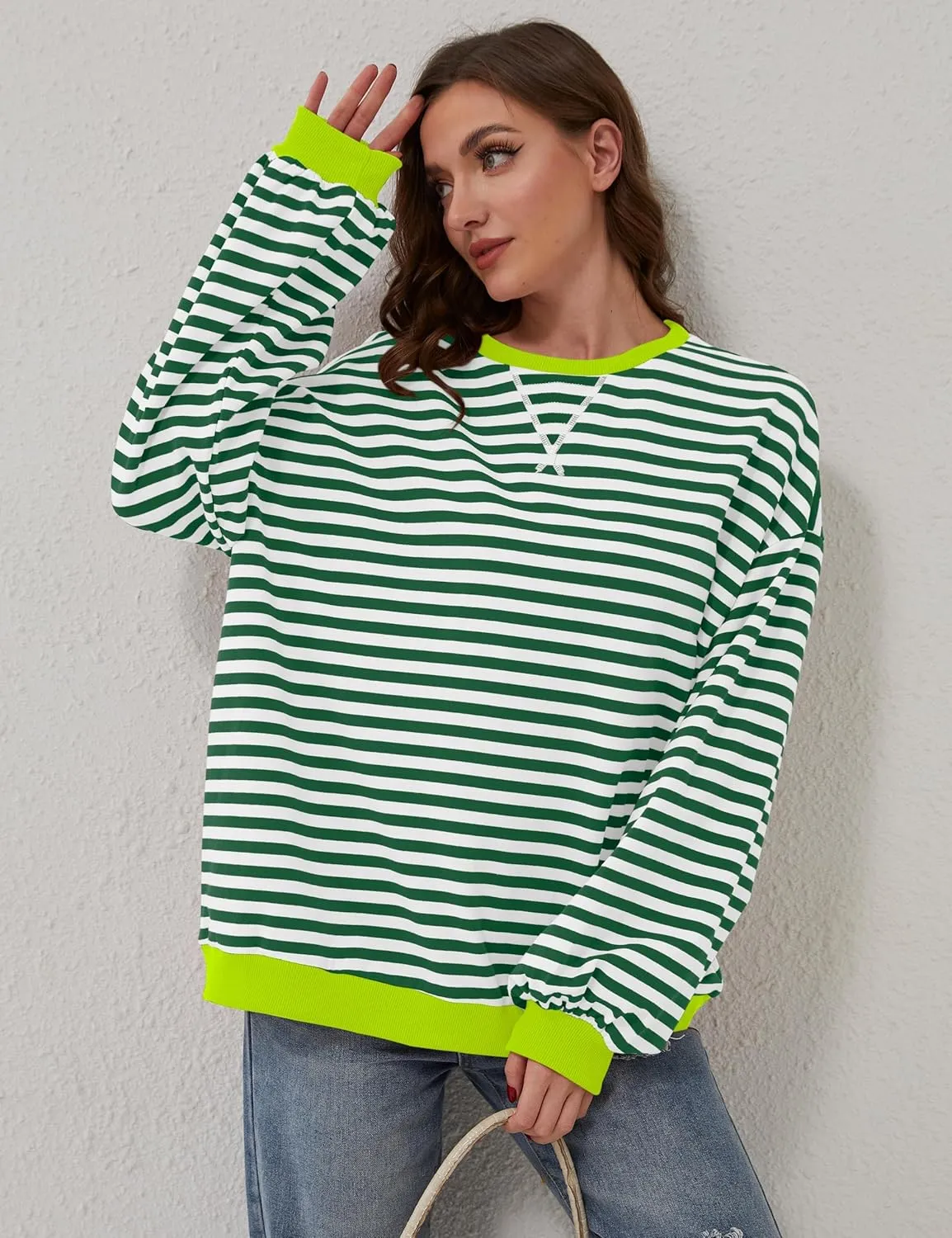 Women Oversized Striped Long Sleeve Sweatshirt Casual Crew Neck Drop Shoulder Relaxed Fit Pullover Shirt Top