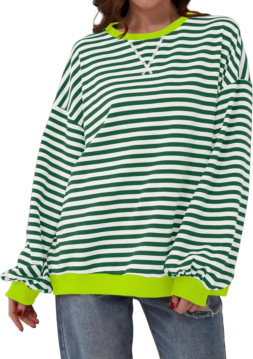 Women Oversized Striped Long Sleeve Sweatshirt Casual Crew Neck Drop Shoulder Relaxed Fit Pullover Shirt Top