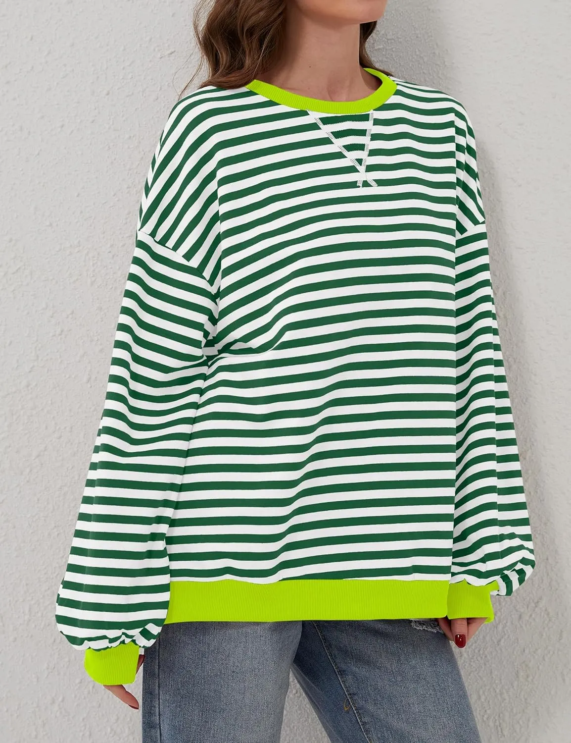 Women Oversized Striped Long Sleeve Sweatshirt Casual Crew Neck Drop Shoulder Relaxed Fit Pullover Shirt Top