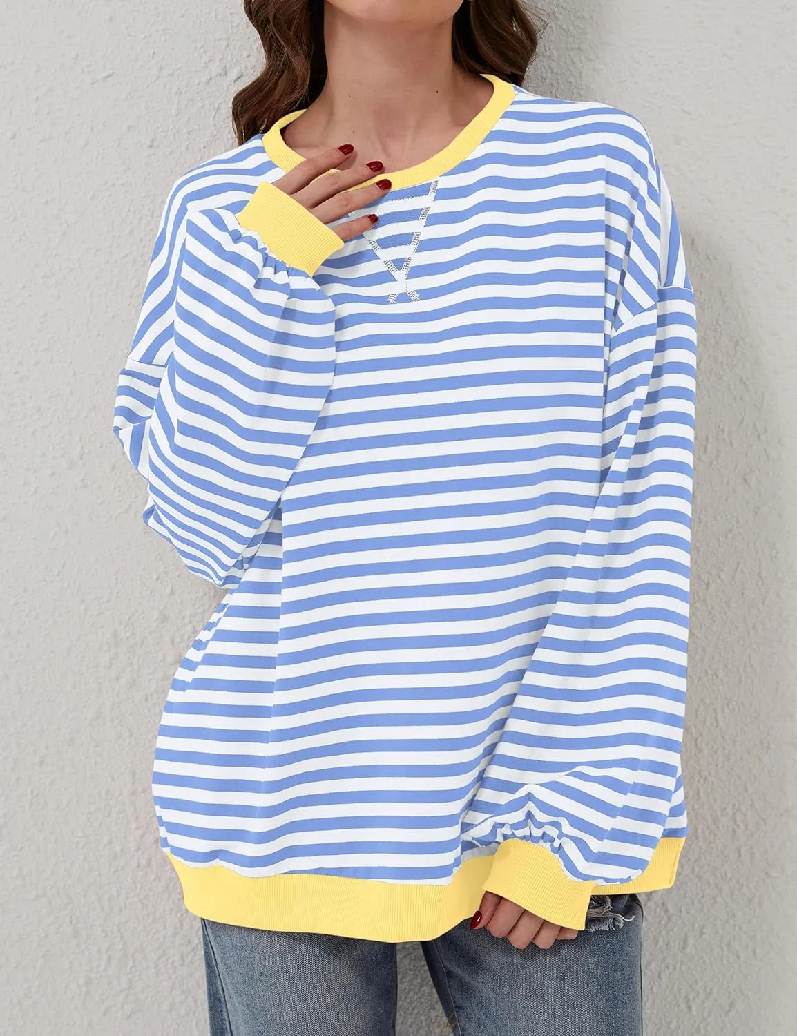 Women Oversized Striped Long Sleeve Sweatshirt Casual Crew Neck Drop Shoulder Relaxed Fit Pullover Shirt Top