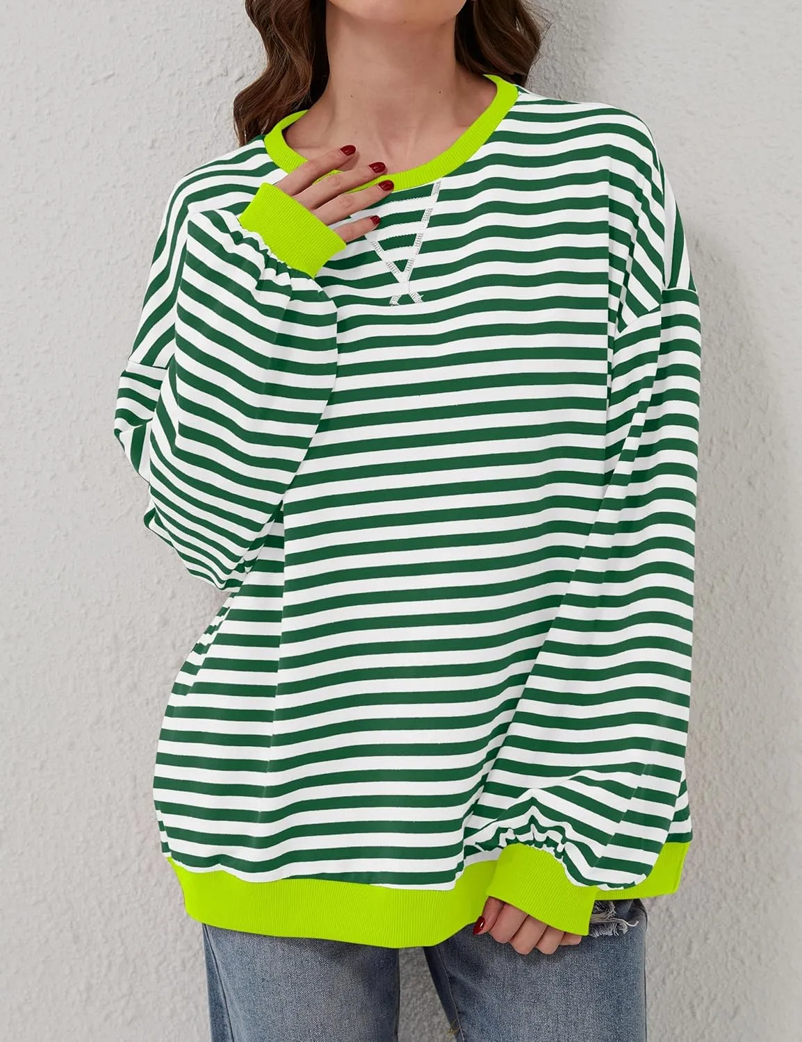 Women Oversized Striped Long Sleeve Sweatshirt Casual Crew Neck Drop Shoulder Relaxed Fit Pullover Shirt Top