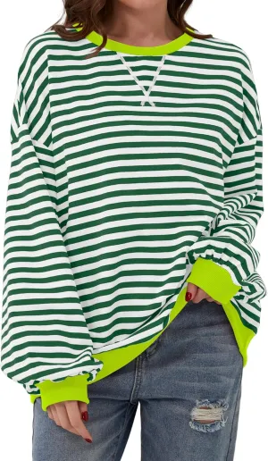 Women Oversized Striped Long Sleeve Sweatshirt Casual Crew Neck Drop Shoulder Relaxed Fit Pullover Shirt Top