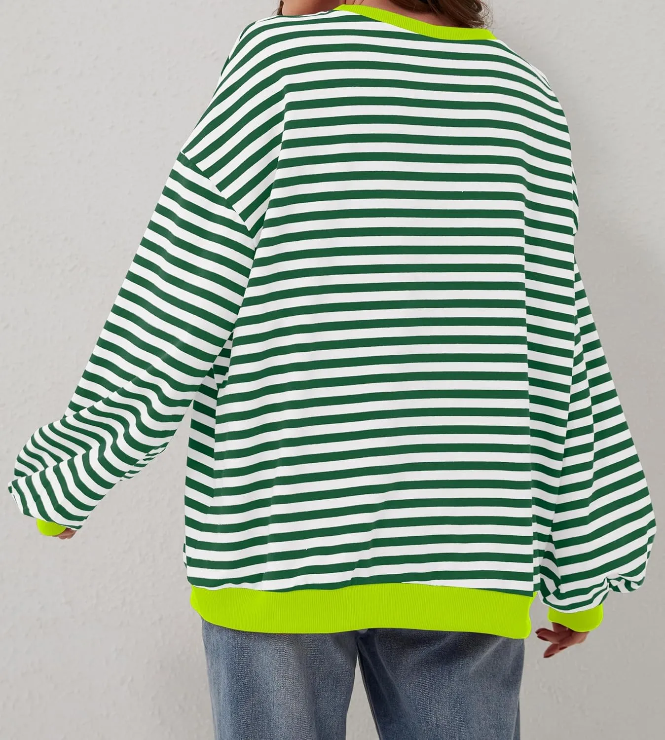 Women Oversized Striped Long Sleeve Sweatshirt Casual Crew Neck Drop Shoulder Relaxed Fit Pullover Shirt Top
