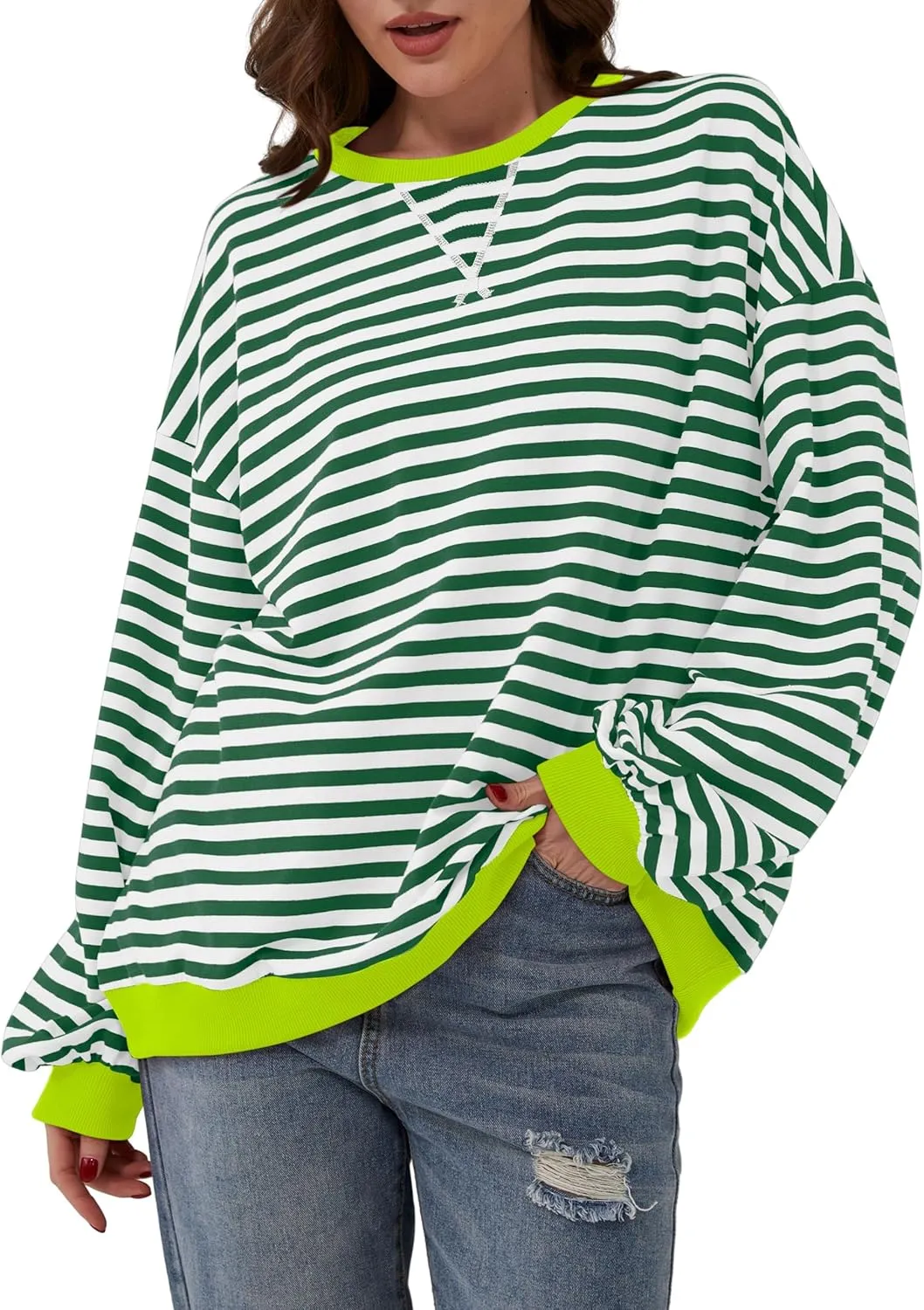 Women Oversized Striped Long Sleeve Sweatshirt Casual Crew Neck Drop Shoulder Relaxed Fit Pullover Shirt Top