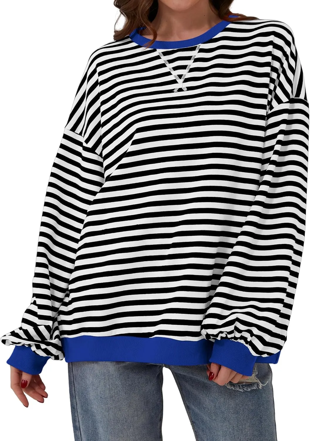Women Oversized Striped Long Sleeve Sweatshirt Casual Crew Neck Drop Shoulder Relaxed Fit Pullover Shirt Top