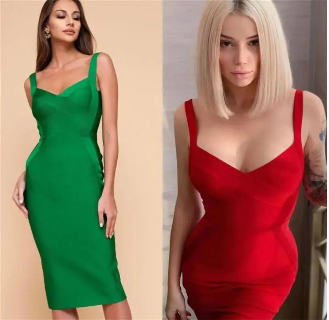Women Pink Red Bodycon Knee Length Rayon Bandage Dress Evening Party Dress Vestidos