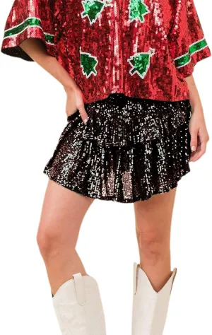 Women Sequin Mini Skirt Elastic High Waist Layered Hem A Line Ruffle Skirt Glitter Pleated Flowy Short Skirt