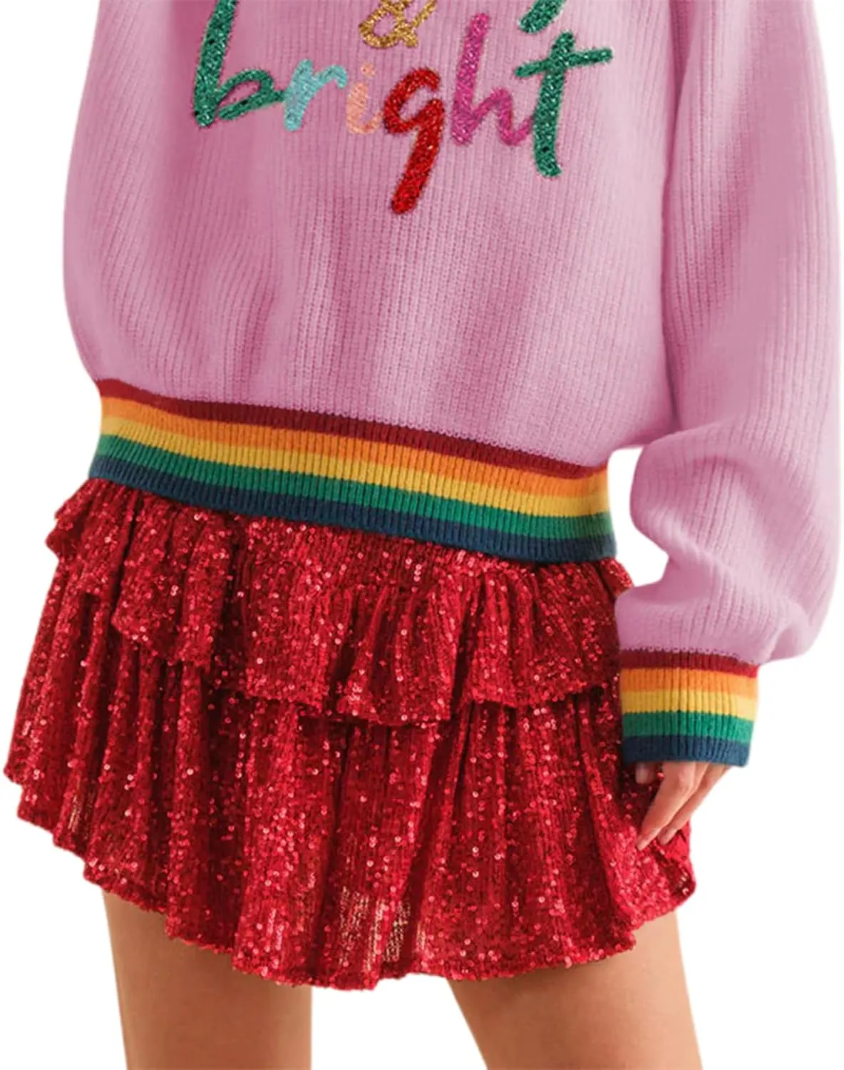 Women Sequin Mini Skirt Elastic High Waist Layered Hem A Line Ruffle Skirt Glitter Pleated Flowy Short Skirt