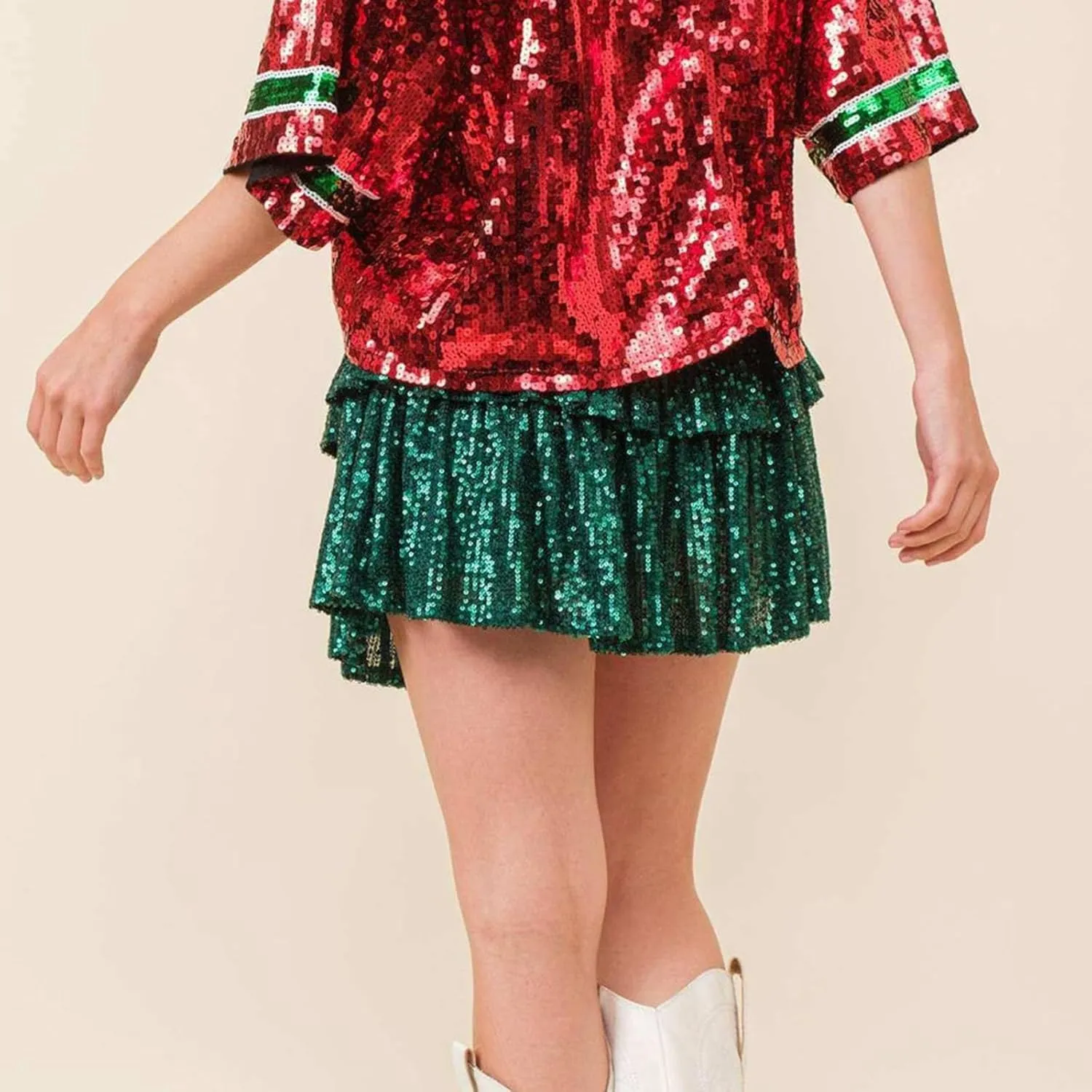 Women Sequin Mini Skirt Elastic High Waist Layered Hem A Line Ruffle Skirt Glitter Pleated Flowy Short Skirt
