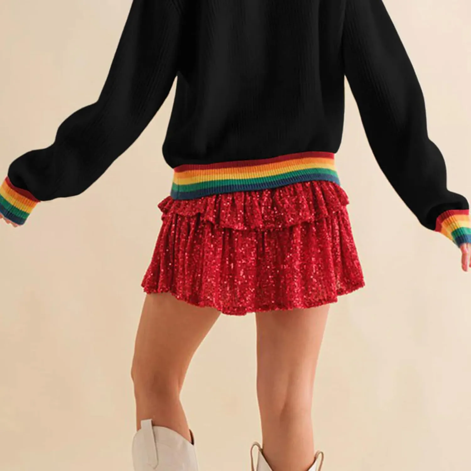 Women Sequin Mini Skirt Elastic High Waist Layered Hem A Line Ruffle Skirt Glitter Pleated Flowy Short Skirt