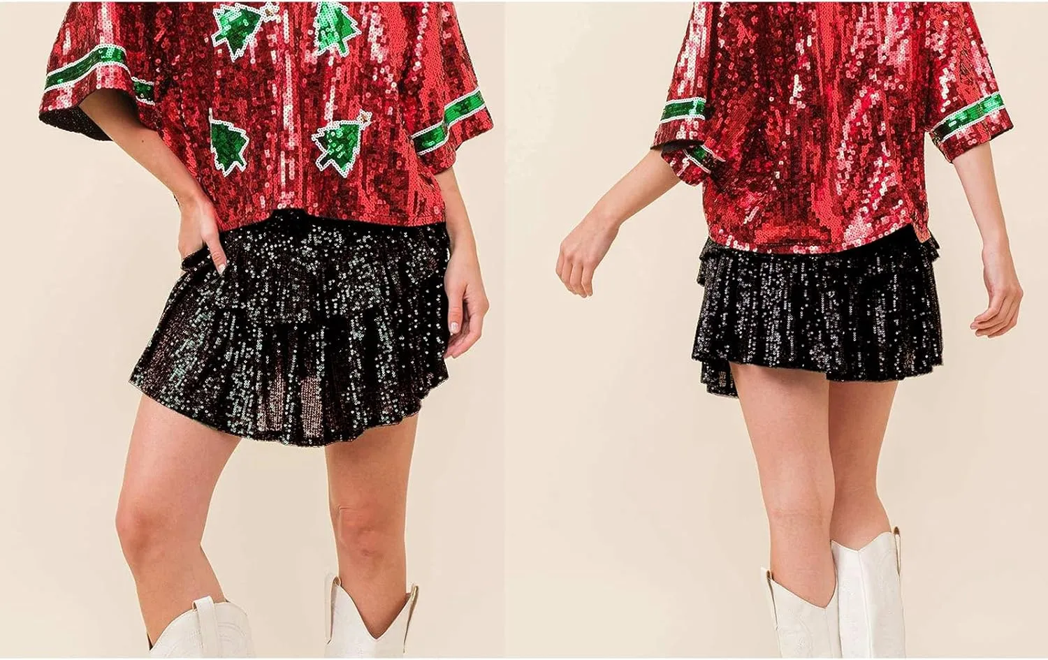 Women Sequin Mini Skirt Elastic High Waist Layered Hem A Line Ruffle Skirt Glitter Pleated Flowy Short Skirt