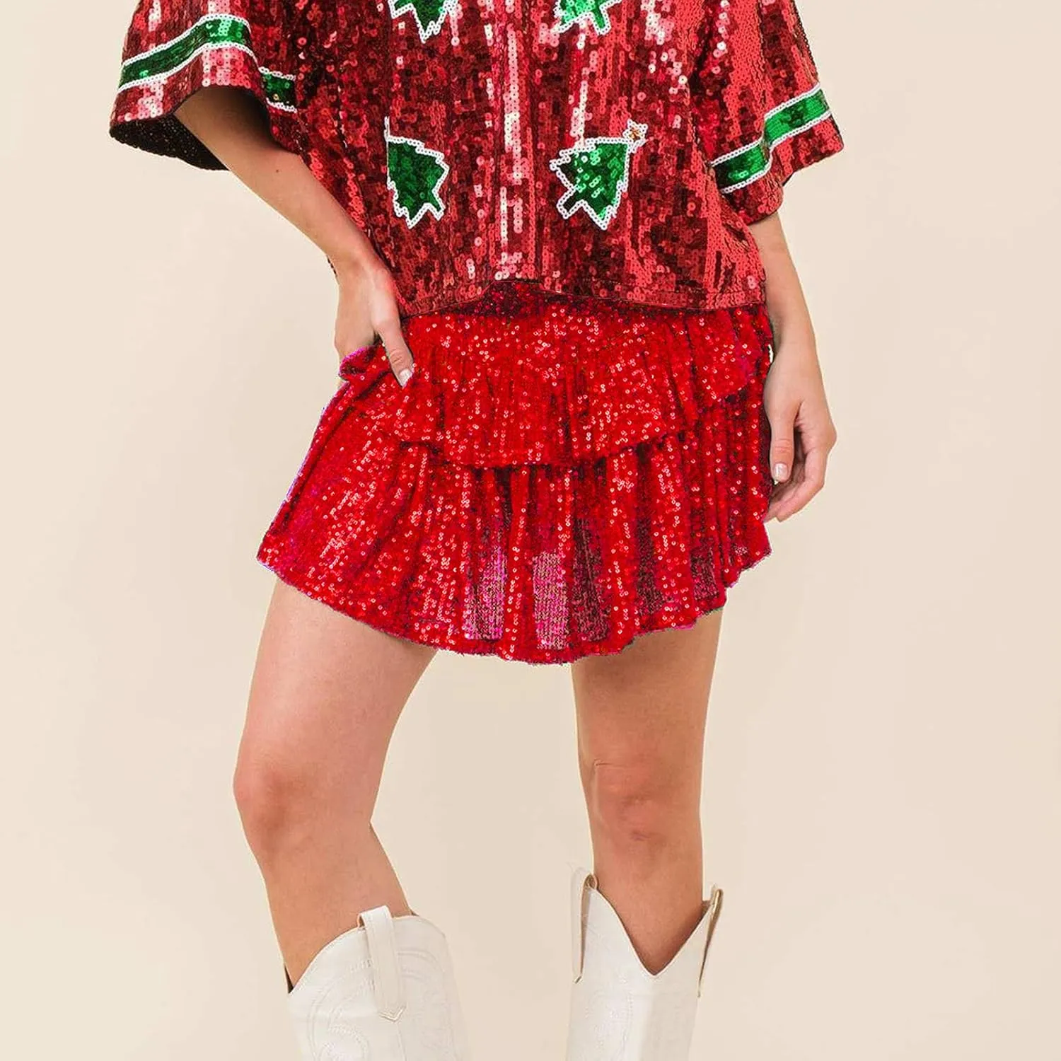 Women Sequin Mini Skirt Elastic High Waist Layered Hem A Line Ruffle Skirt Glitter Pleated Flowy Short Skirt