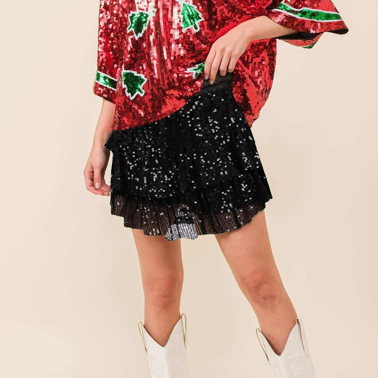Women Sequin Mini Skirt Elastic High Waist Layered Hem A Line Ruffle Skirt Glitter Pleated Flowy Short Skirt