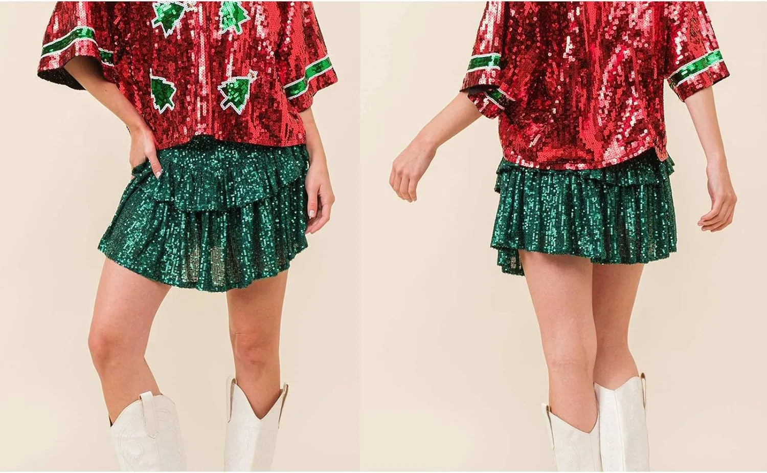 Women Sequin Mini Skirt Elastic High Waist Layered Hem A Line Ruffle Skirt Glitter Pleated Flowy Short Skirt