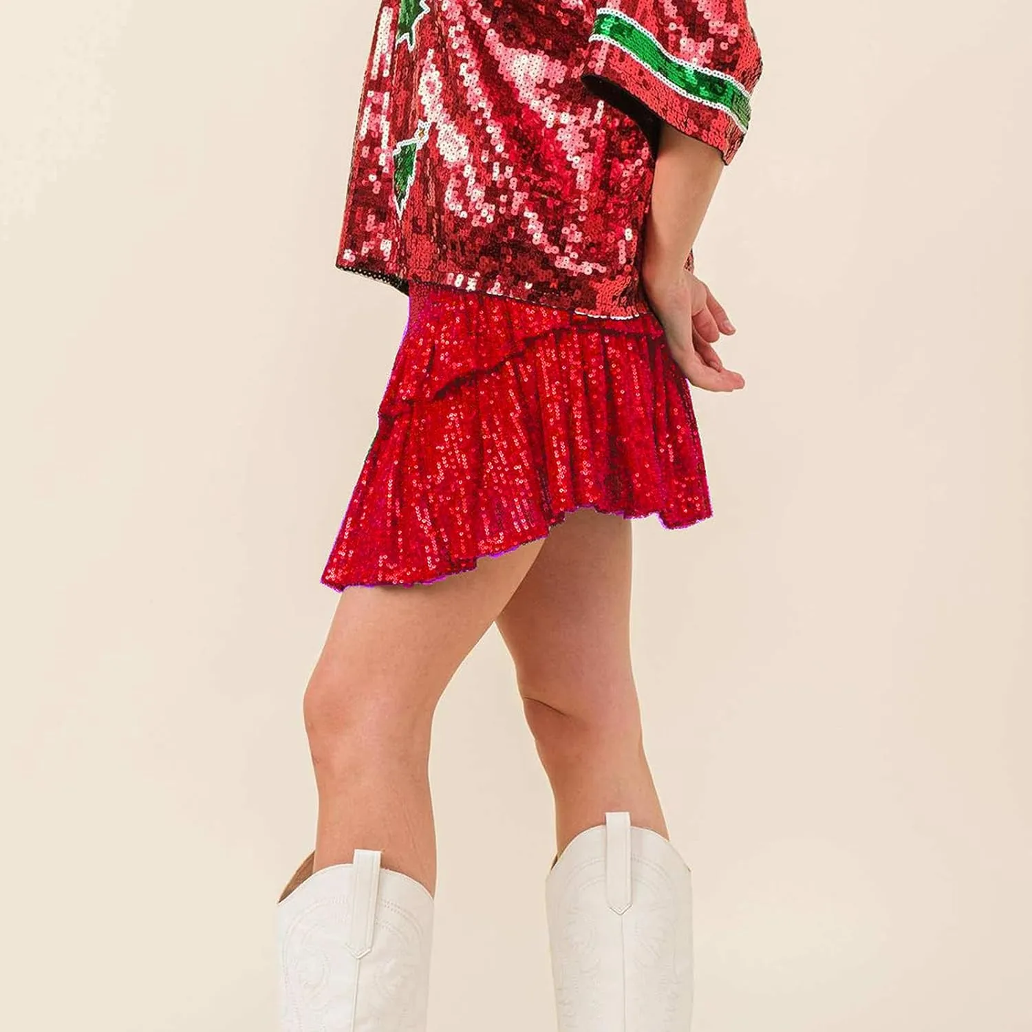 Women Sequin Mini Skirt Elastic High Waist Layered Hem A Line Ruffle Skirt Glitter Pleated Flowy Short Skirt