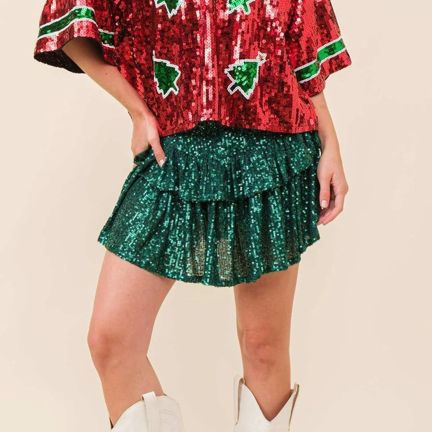 Women Sequin Mini Skirt Elastic High Waist Layered Hem A Line Ruffle Skirt Glitter Pleated Flowy Short Skirt