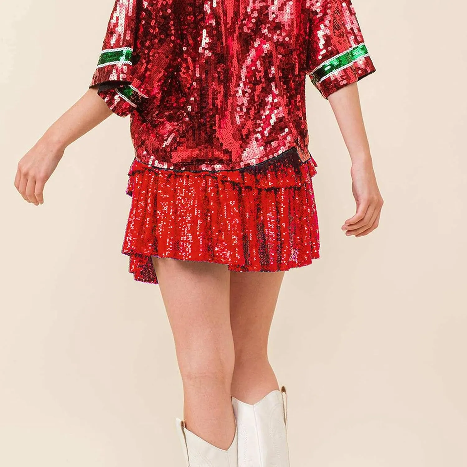 Women Sequin Mini Skirt Elastic High Waist Layered Hem A Line Ruffle Skirt Glitter Pleated Flowy Short Skirt