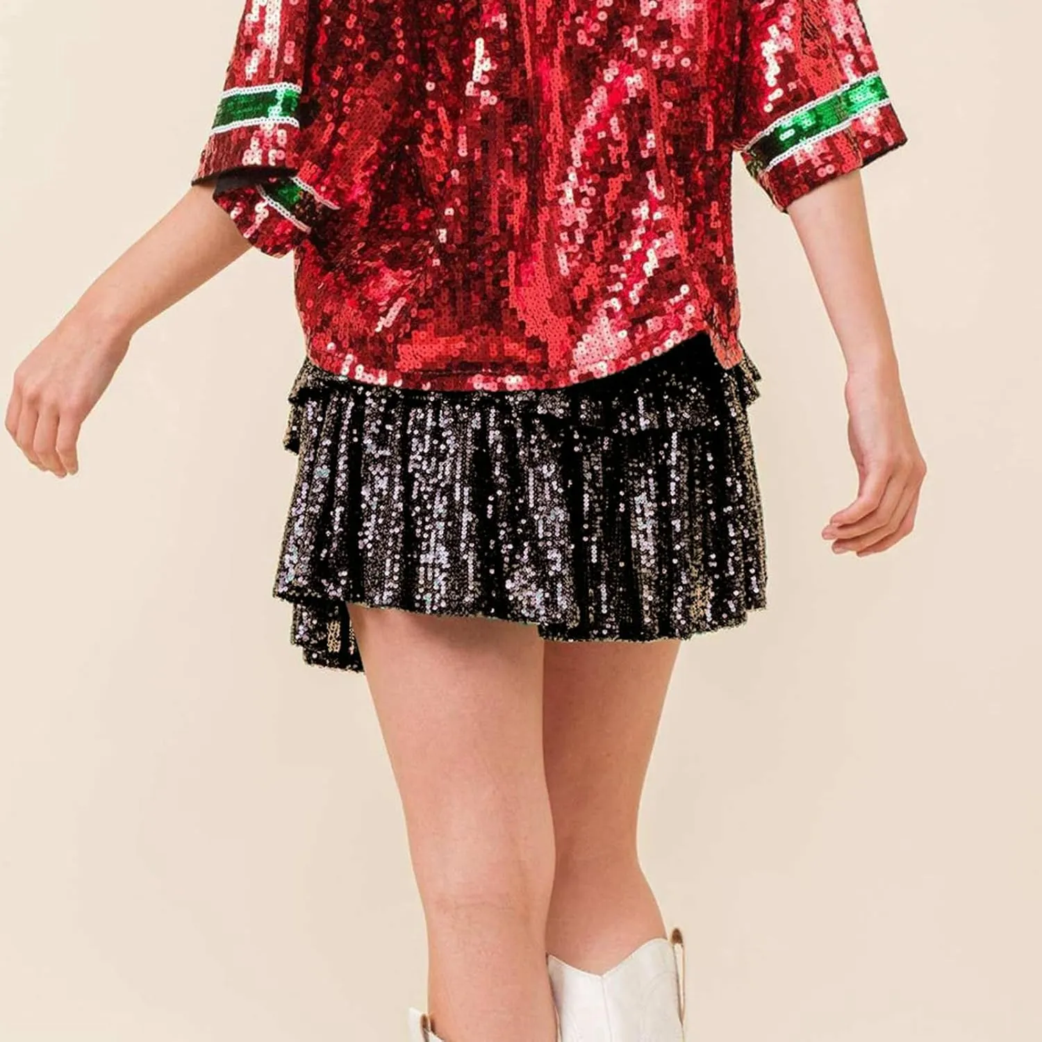 Women Sequin Mini Skirt Elastic High Waist Layered Hem A Line Ruffle Skirt Glitter Pleated Flowy Short Skirt