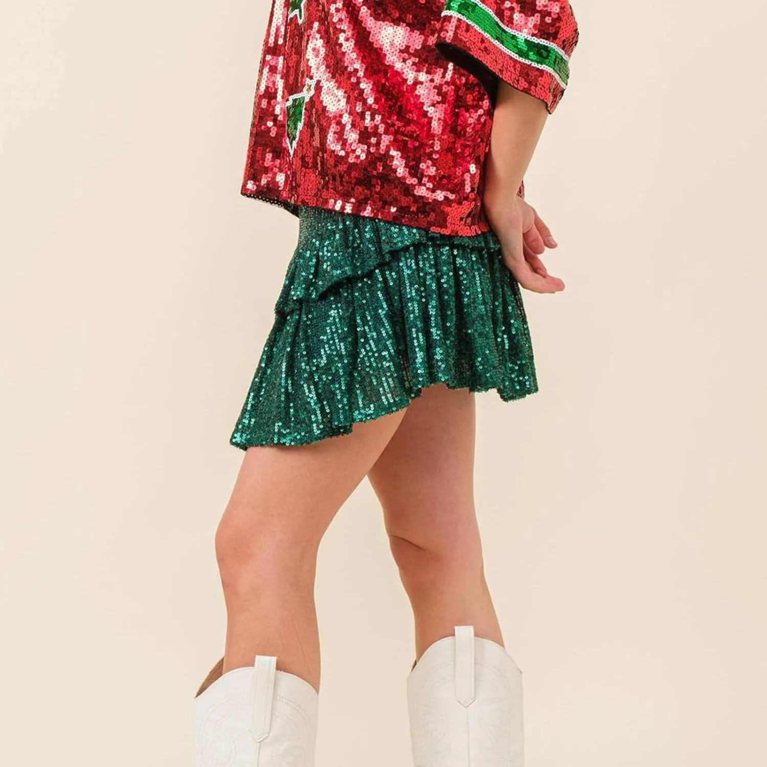 Women Sequin Mini Skirt Elastic High Waist Layered Hem A Line Ruffle Skirt Glitter Pleated Flowy Short Skirt