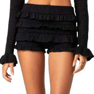 Women Sexy Ruffle Shorts Y2k Cute Tiered Bloomers Micro Frilly Pumpkin Shorts Trendy Hollow Out Crochet Knit Shorts