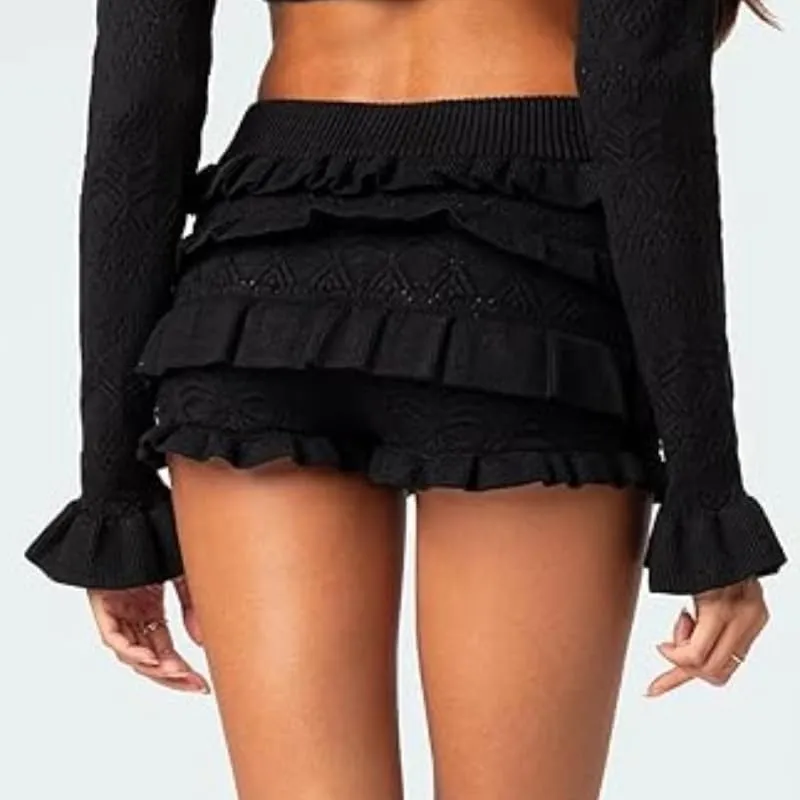 Women Sexy Ruffle Shorts Y2k Cute Tiered Bloomers Micro Frilly Pumpkin Shorts Trendy Hollow Out Crochet Knit Shorts