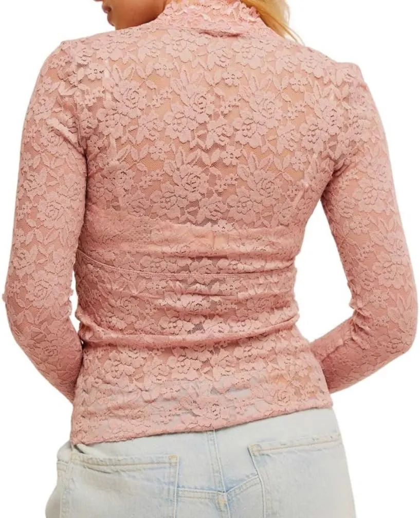 Women Sexy See Through Floral Lace Top Long Sleeve V Neck Slim Fit Hollow Out Sheer Mesh Blouse Shirt Clubwear