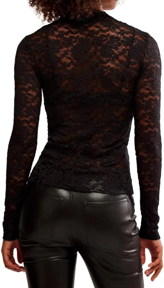 Women Sexy See Through Floral Lace Top Long Sleeve V Neck Slim Fit Hollow Out Sheer Mesh Blouse Shirt Clubwear