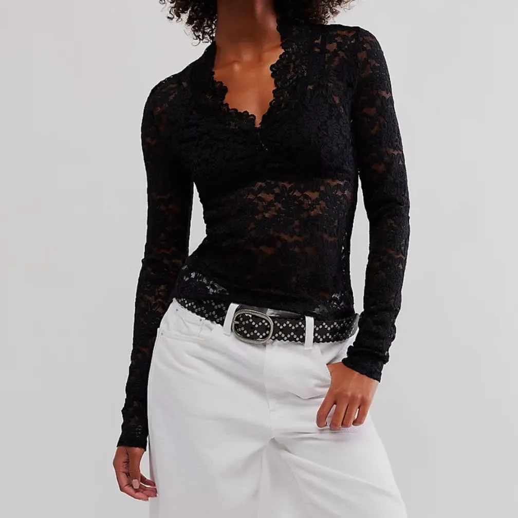 Women Sexy See Through Floral Lace Top Long Sleeve V Neck Slim Fit Hollow Out Sheer Mesh Blouse Shirt Clubwear