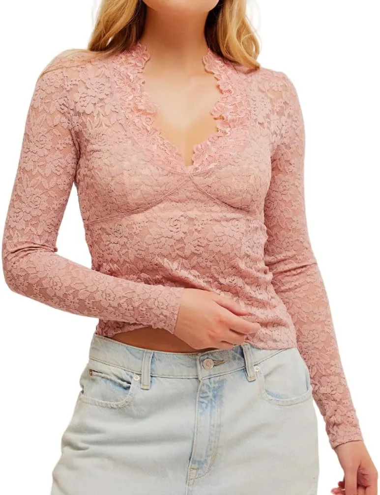 Women Sexy See Through Floral Lace Top Long Sleeve V Neck Slim Fit Hollow Out Sheer Mesh Blouse Shirt Clubwear