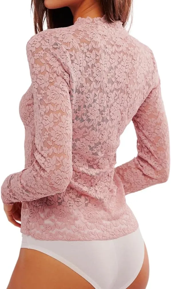 Women Sexy See Through Floral Lace Top Long Sleeve V Neck Slim Fit Hollow Out Sheer Mesh Blouse Shirt Clubwear
