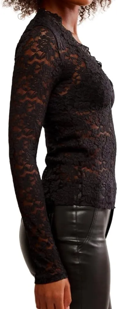 Women Sexy See Through Floral Lace Top Long Sleeve V Neck Slim Fit Hollow Out Sheer Mesh Blouse Shirt Clubwear