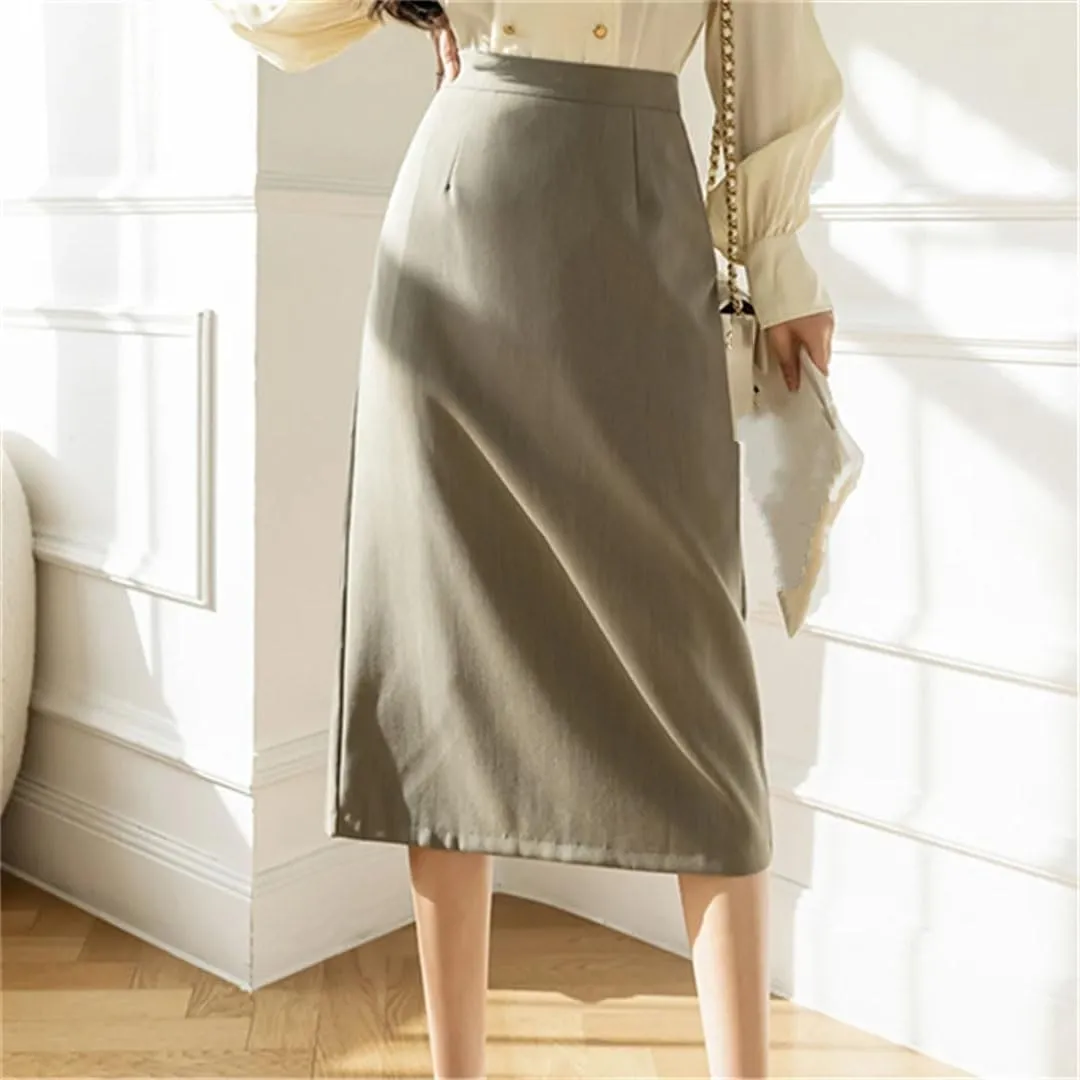 Women Solid Color Elegant High Waist Workwear Back Zipper A-Line Knee Length Skirts