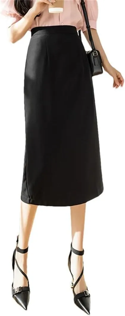 Women Solid Color Elegant High Waist Workwear Back Zipper A-Line Knee Length Skirts
