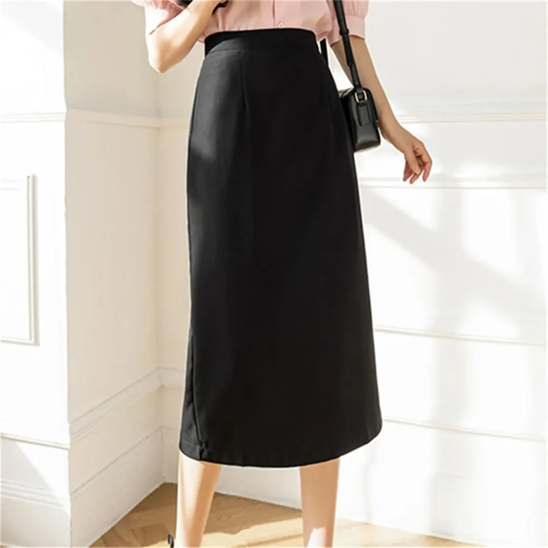 Women Solid Color Elegant High Waist Workwear Back Zipper A-Line Knee Length Skirts