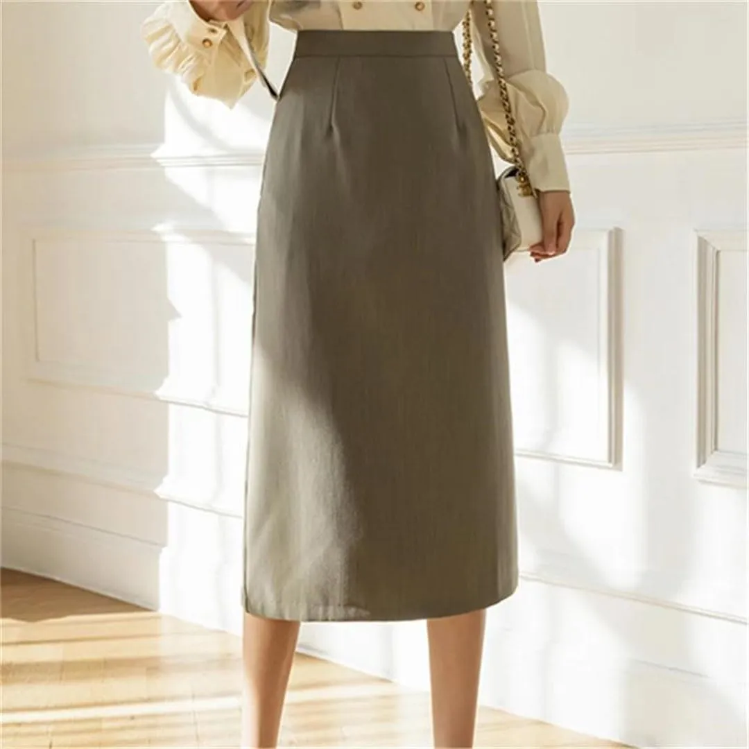 Women Solid Color Elegant High Waist Workwear Back Zipper A-Line Knee Length Skirts