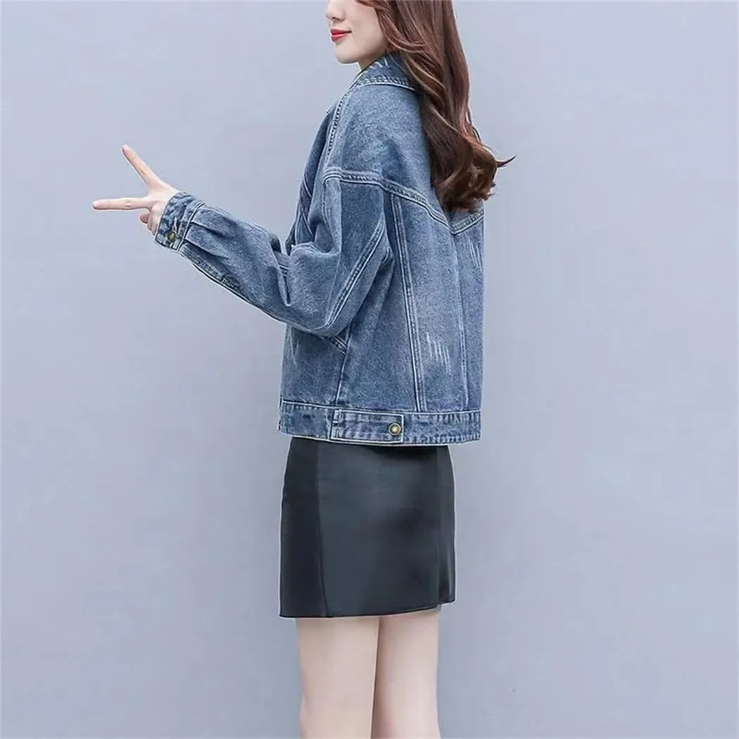 Women Spring Autumn Denim Jacket Korean Casual Female Outerwear Suit Collar Short Jean Jacket