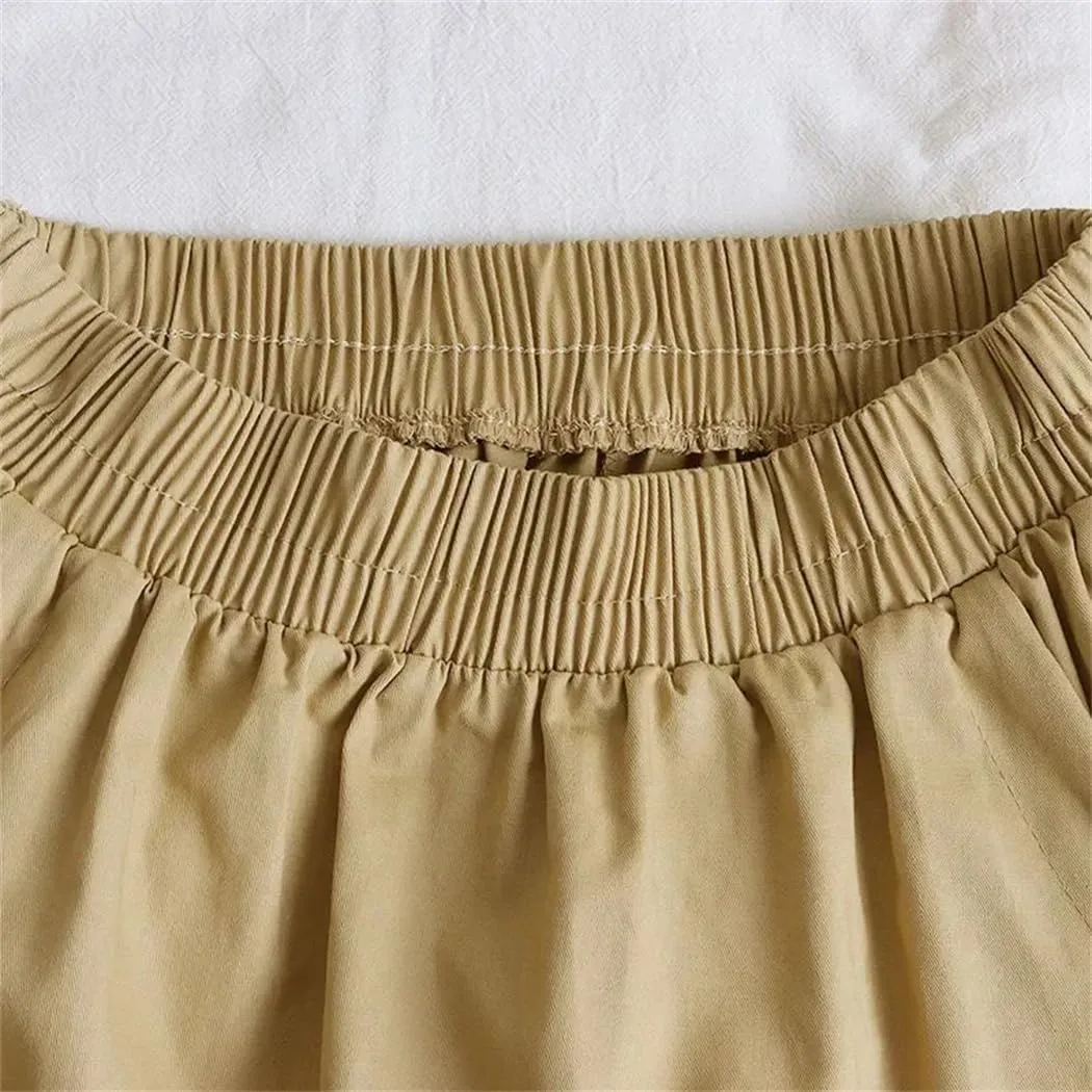 Women Spring Summer Solid Color High Waisted Long Skirt Drawstring Pocket A-Line Midi Skirts