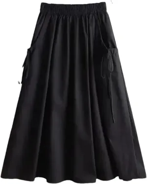 Women Spring Summer Solid Color High Waisted Long Skirt Drawstring Pocket A-Line Midi Skirts