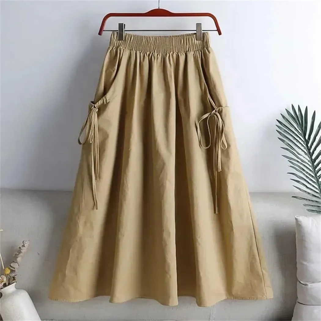 Women Spring Summer Solid Color High Waisted Long Skirt Drawstring Pocket A-Line Midi Skirts