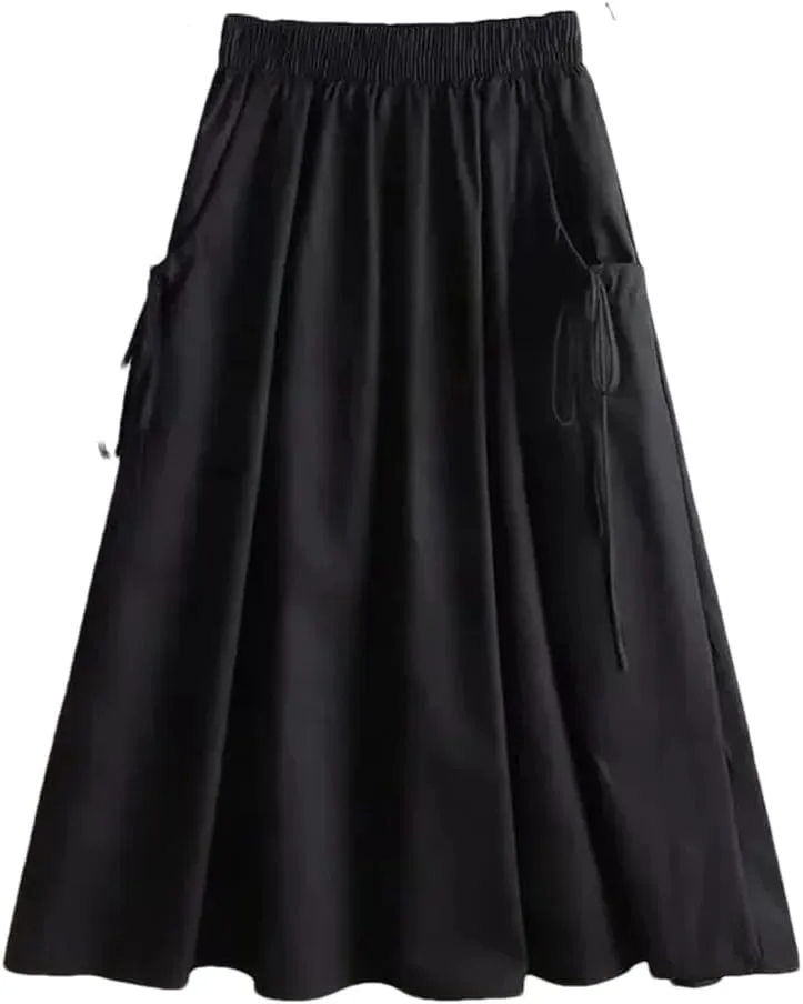 Women Spring Summer Solid Color High Waisted Long Skirt Drawstring Pocket A-Line Midi Skirts