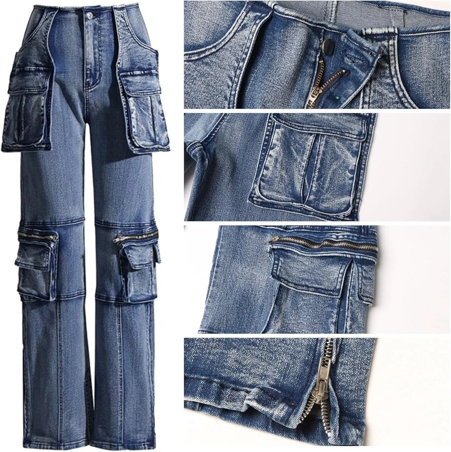 Women Stretch Cargo Jeans Y2k Boyfriend High Waisted Straight Leg Pockets Street Denim Pants