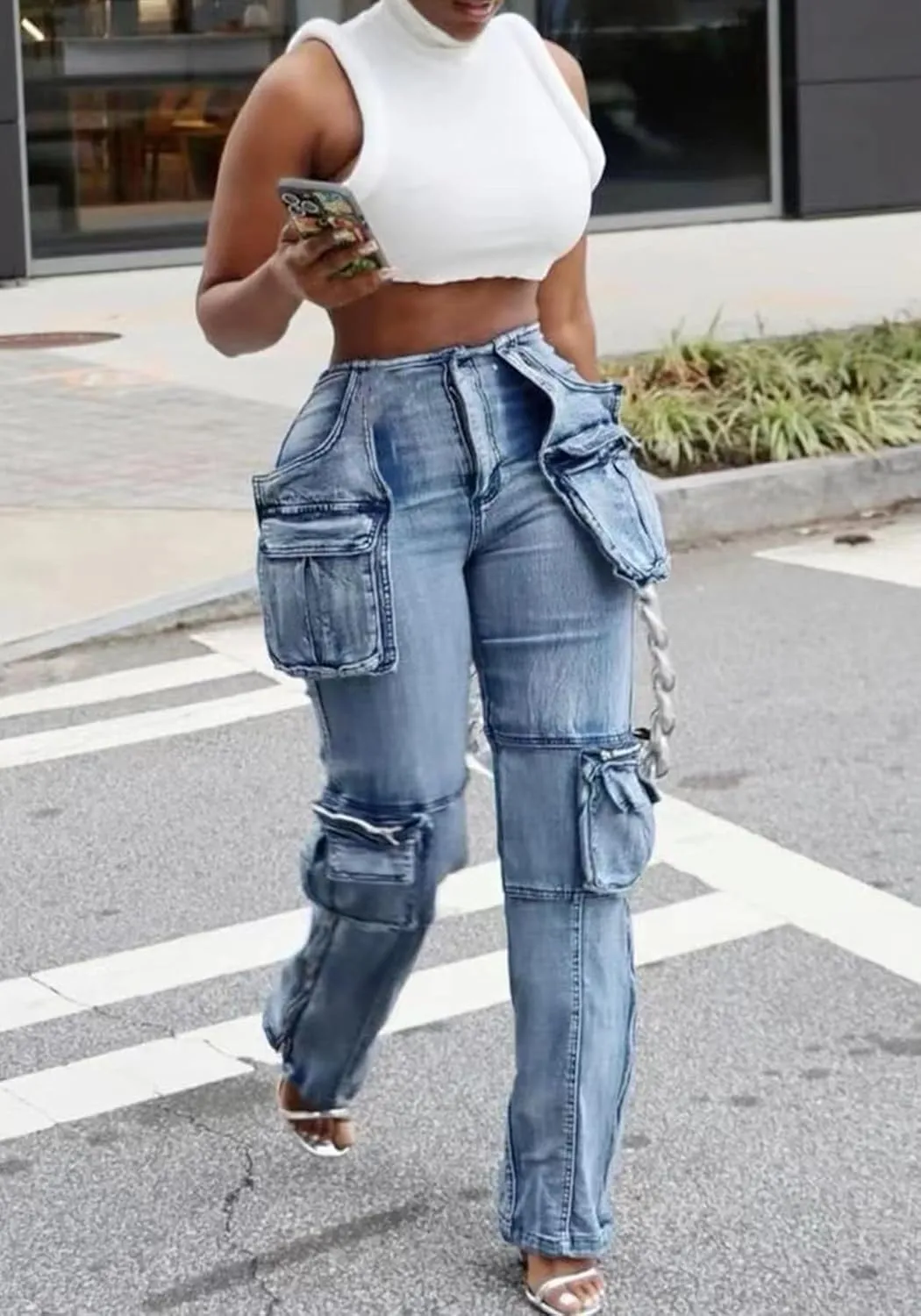 Women Stretch Cargo Jeans Y2k Boyfriend High Waisted Straight Leg Pockets Street Denim Pants